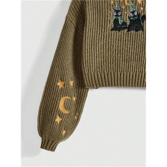 Black Cat Celestial Witchy Embroidered Oversized Green Pullover Sweater - Picture 4 of 5